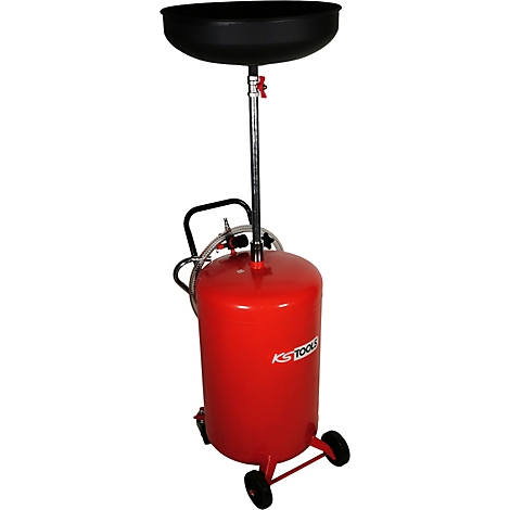 Roter Ölauffangbehälter mit schwarzer Auffangschale, rollbar. Das KS TOOLS Logo ist zu sehen.